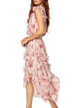 MISA LOS ANGELES Dakota Ruffled Midi Dress Coquette Size Medium Smocked Pink